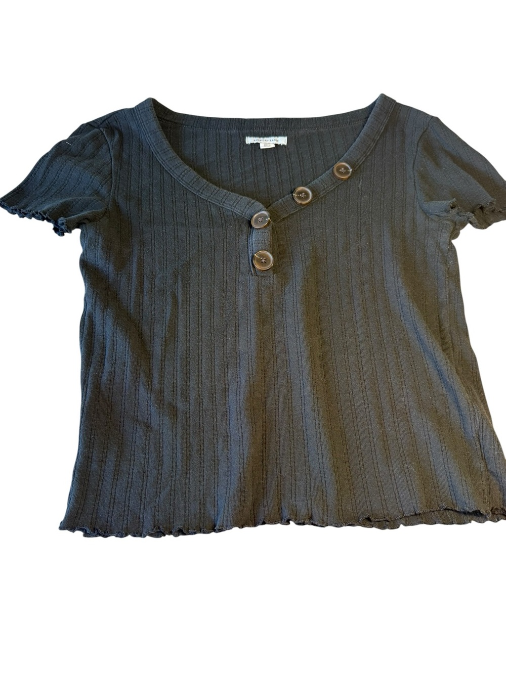 American Eagle Outfitters Black Short Sleeve Ribbed‎ Button Tee